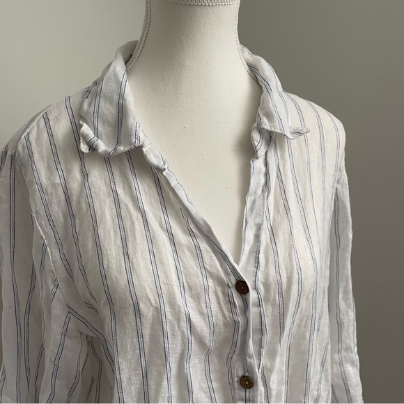 Made in Italy 100% Linen White and Blue Stripe Oversized Button Down Top Size M - Picture 2 of 10